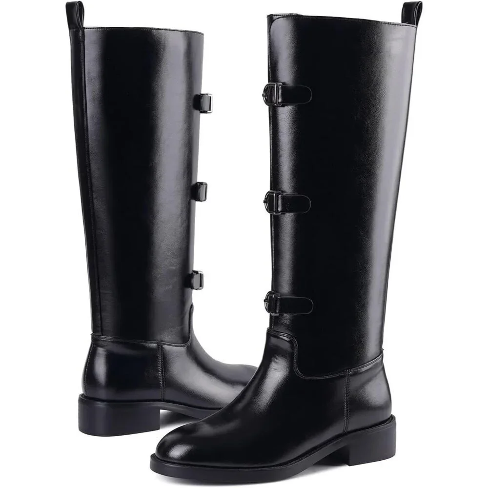 Women's C-black Chunky Low Heel Pull On Riding Comfortable Knee High Boots
